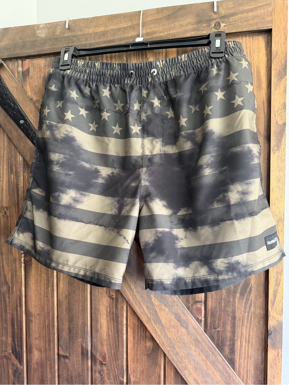 Hurley Men’s Black and Olive Flag-Stripe Swim Trunks